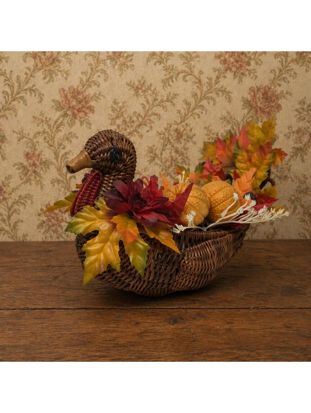 **Vintage Turkey Basket Centerpiece Fall Decor Wicker Cornucopia Harvest**